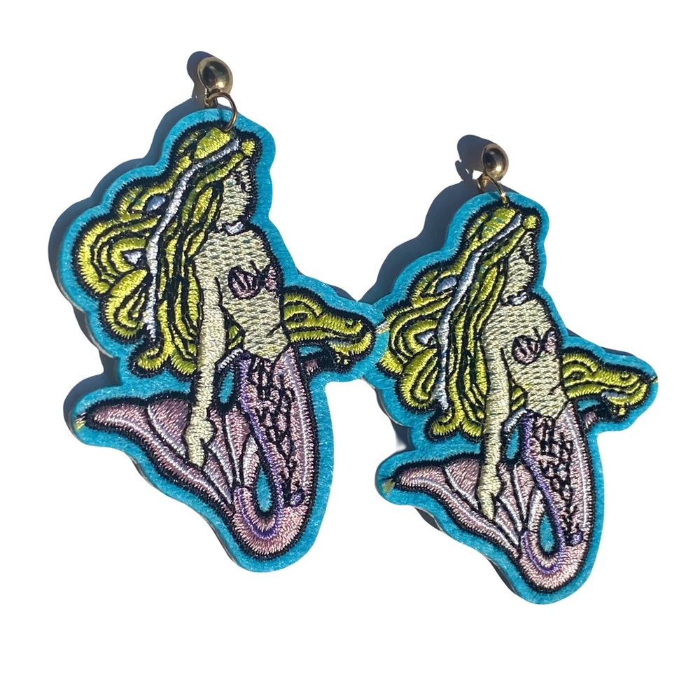 Mermaid purple embroidered patch fabric earring ocean female thread